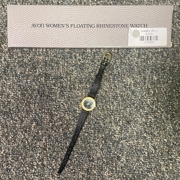 NIB Avon Women’s Floating Rhinestone Leather Black/Gold Watch - Picture 2 of 4